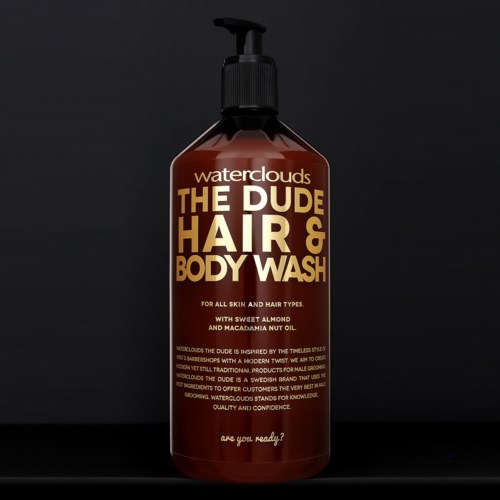 A brown pump bottle labeled 'Waterclouds The Dude Hair & Body Wash' for all skin types with almond and macadamia oil.