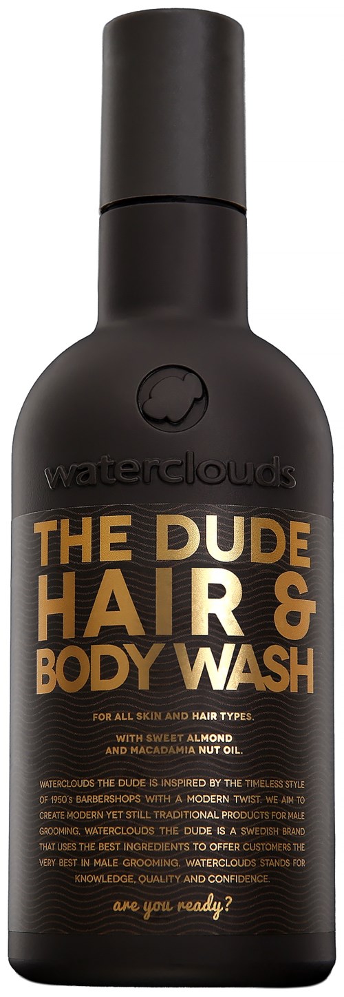 A black bottle labeled 'The Dude Hair & Body Wash' with gold and silver text, features a waterclouds logo.
