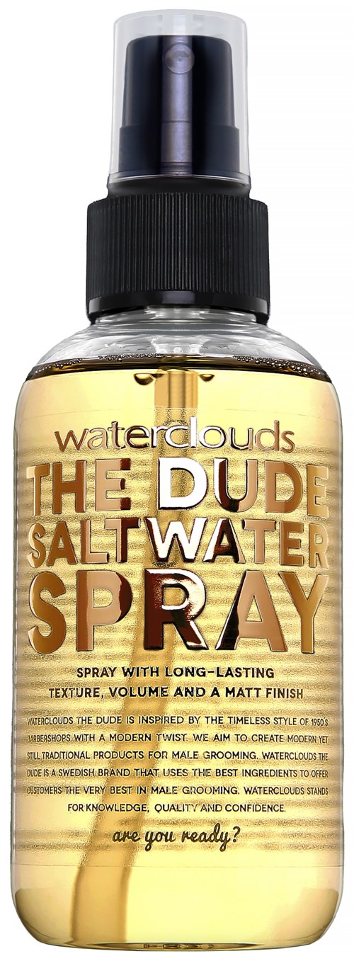 Eine Sprühflasche mit dem Etikett 'The Dude Salt Water Spray' für Haare, mit schwarzem Deckel und klarem goldfarbenem Flüssigkeit.