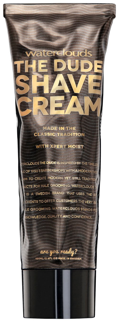 A tube labeled "Waterclouds The Dude Shave Cream" with gold and black packaging.