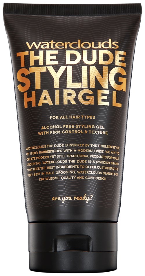 Eine schwarze Tube mit Haargel namens Waterclouds THE DUDE STYLING HAIR GEL mit orange, weiß und goldener Schrift.