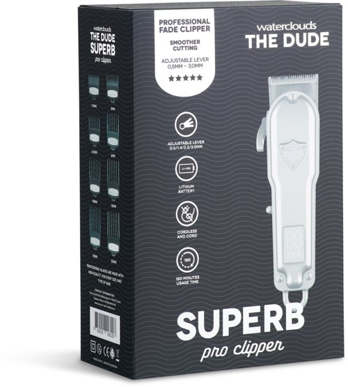 Een knipapparaat in een doos met de tekst 'Superb', met verstelbare hendel en langdurige batterij voor een gladde snit.