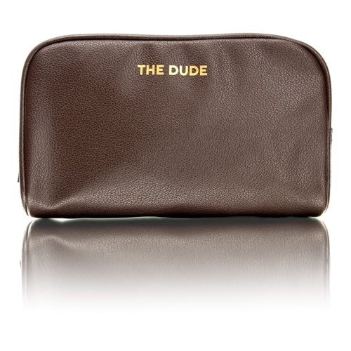 Brown leather pouch with gold text that says 'THE DUDE'.