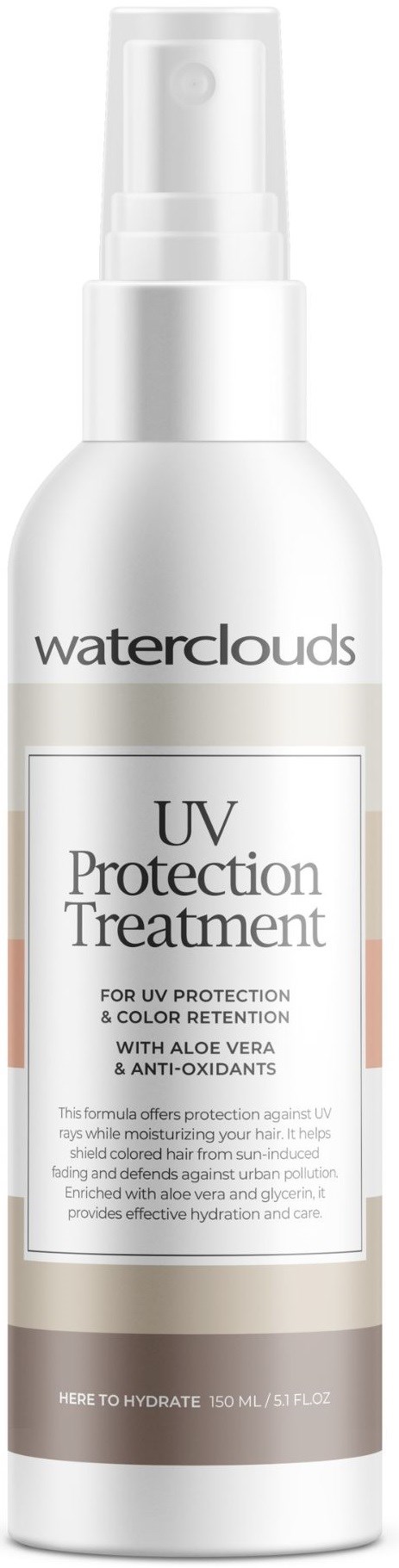 Biała butelka z dozownikiem i etykietą z napisem Waterclouds UV Protection Treatment dla skóry.