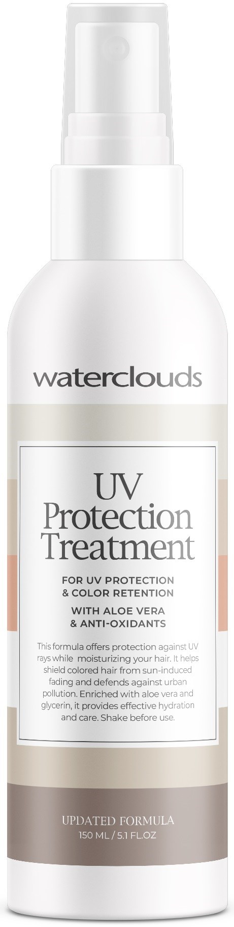 Een witte fles met pomp bevat Waterclouds UV-bescherming voor de huid met aloe vera en antioxidanten.