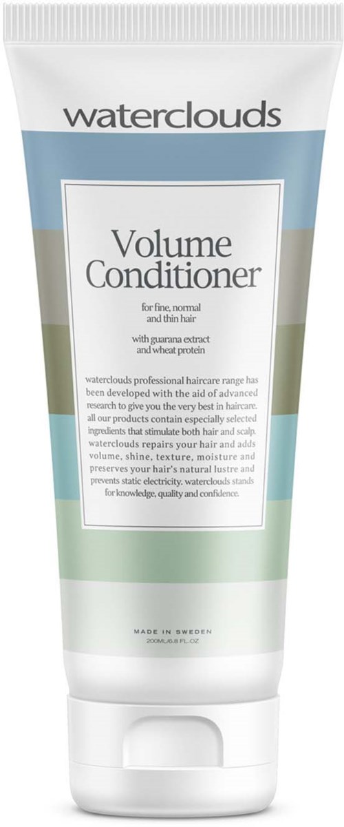 Een tube Waterclouds Volume Conditioner met blauw, groen en wit ontwerp voor normaal en dun haar.