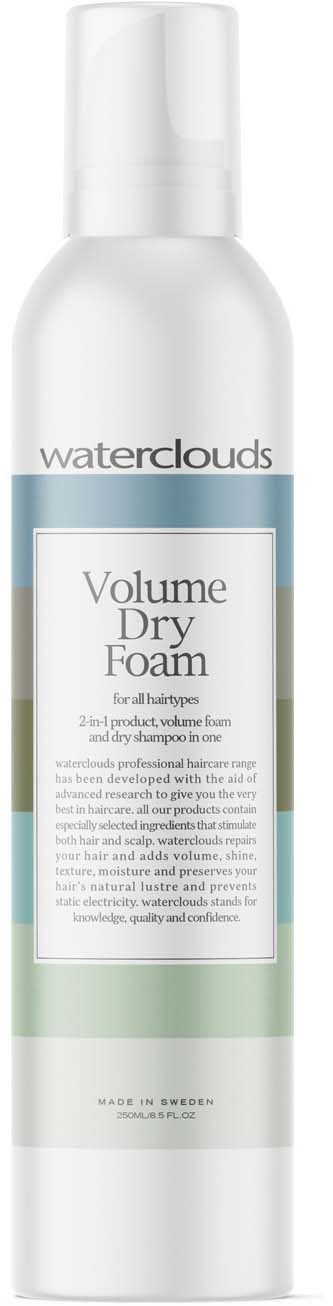 Een witte bus Water Clouds Volume Dry Foam haarproducten met blauwe en groene accenten.