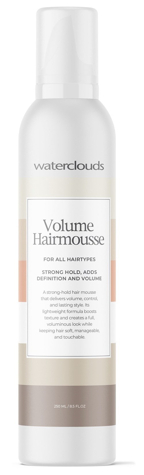 Een witte fles Waterclouds Volume Hair Mousse met pomp, geschikt voor alle haartypes.
