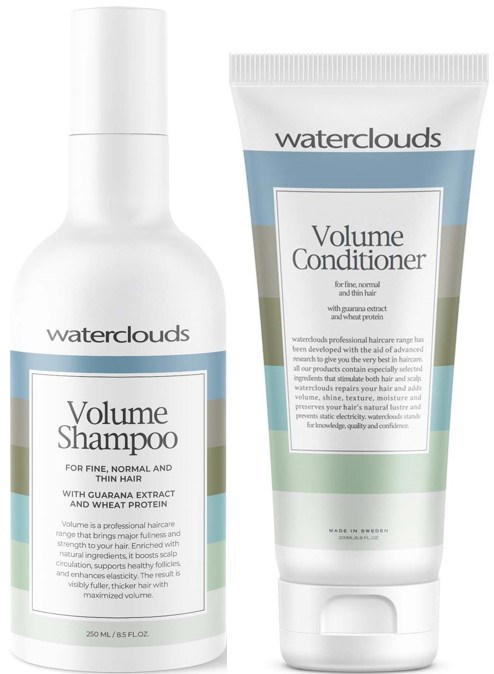 Twee haarverzorgingsproducten van Waterclouds, shampoo en conditioner voor fijn en normaal haar, met groene en blauwe accenten.