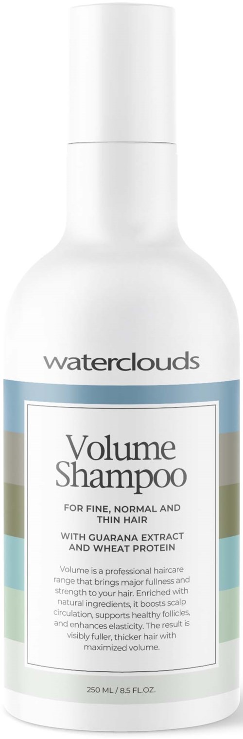 Een wit flesje Waterclouds Volume Shampoo, geschikt voor fijn, normaal en dun haar, met labels en blauwe, groene en beige strepen.