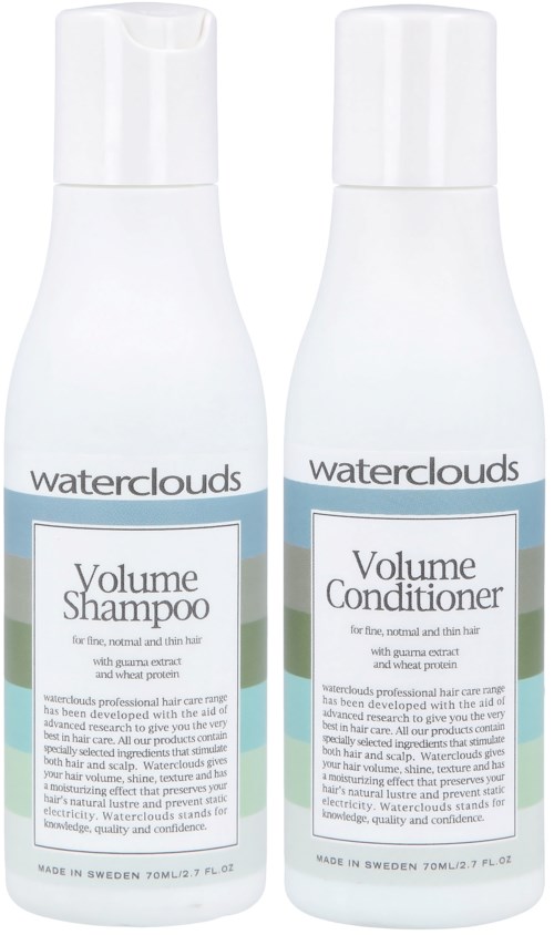 Twee witte flessen met labels 'Volume Shampoo' en 'Volume Conditioner' voor haar, eenvoudig ontwerp met blauwgroene accenten.