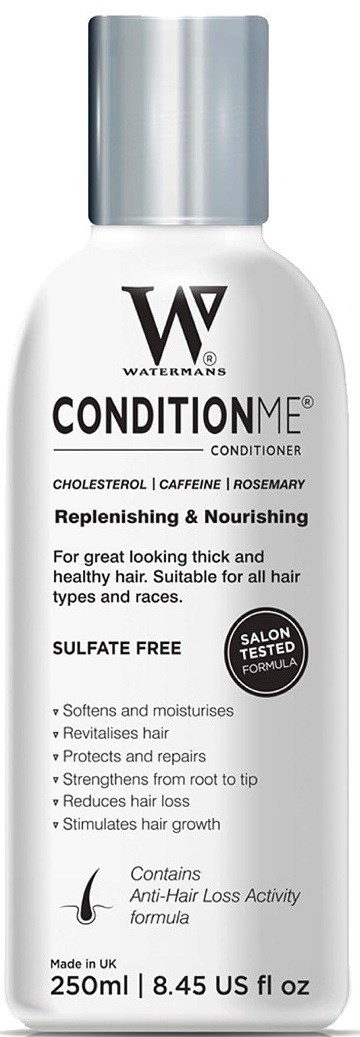 Een witte fles met een zilveren dop met 'CONDITION ME' label, bevat conditioner voor dik, gezond haar.