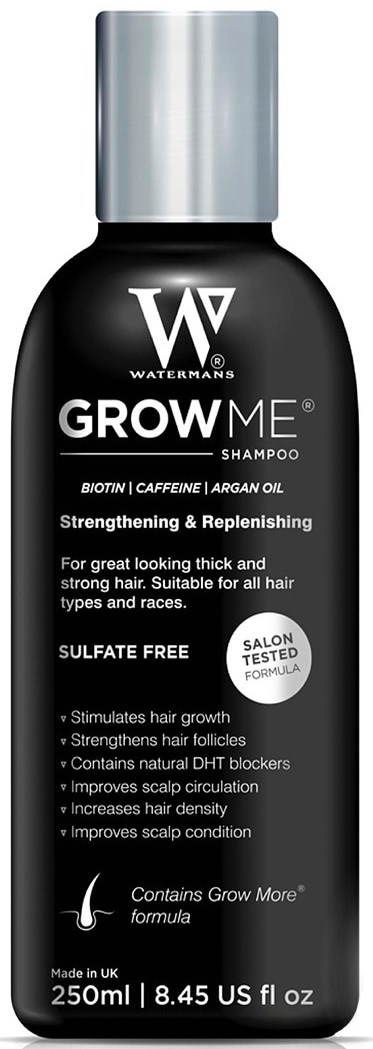 Een zwart flesje Watermans Grow Me shampoo met zilveren dop, beweert haargroei en kracht te bevorderen.