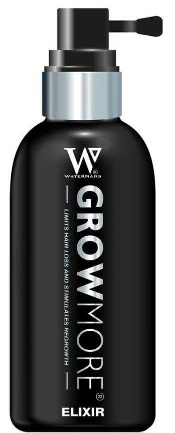 Een zwarte spuitfles met de tekst "GROW MORE ELIXIR" en een sproeikop bovenop.