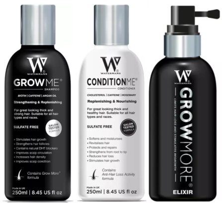 Drie flessen haarverzorgingsproducten met labels 'Grow Me', 'Condition Me' en 'Grow More' in zwart, wit en zwart ontwerp.