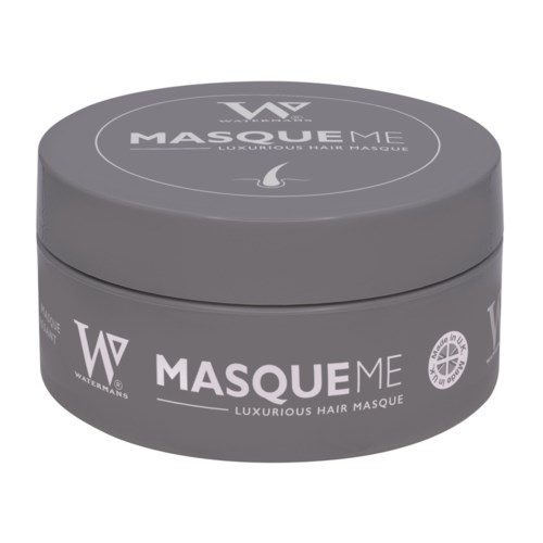 Ronde houder van Watermans Masque Me luxe haarmasker, grijze kleur, met merk en productnaam op het label.