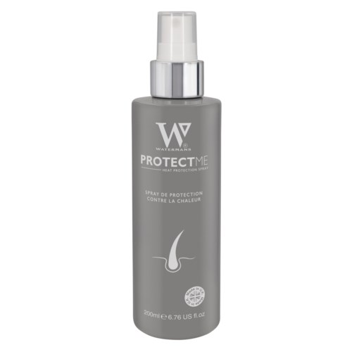 Grijze sprayfles met witte dop, labeled 'PROTECT ME' door Watermans, voor hittebescherming, 200 ml.