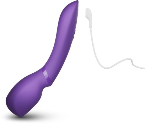 Ein lila gekrümmtes Gerät mit weißem Kabel und Ohrhörer, wahrscheinlich ein Massagegerät oder Vibrator.