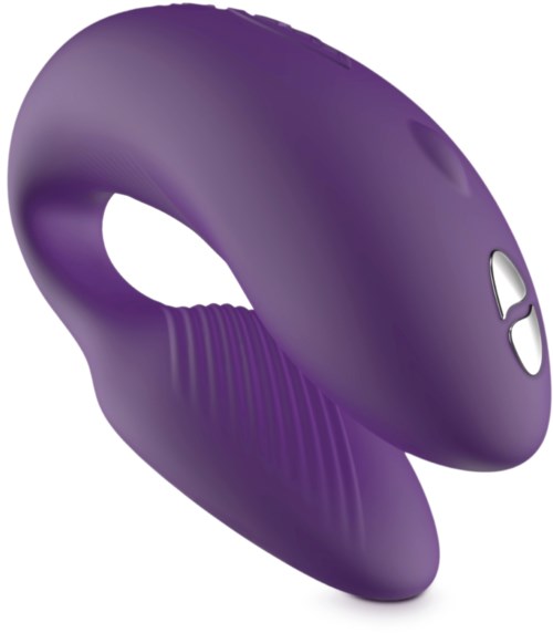 Ein lila tragbares Gerät mit zwei Knöpfen und einer gekrümmten, ergonomischen Form.