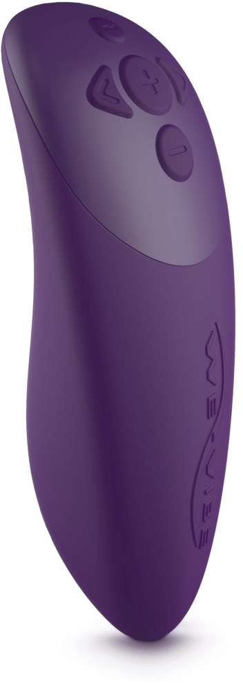 Ein lila Fernbedienung mit Tasten für verschiedene Funktionen, runde Form und gebogenes Design.