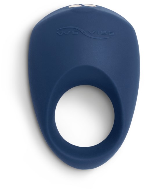 Ein blauer Kunststoffgegenstand mit einem großen runden Loch und den Worten "WE VIBE".
