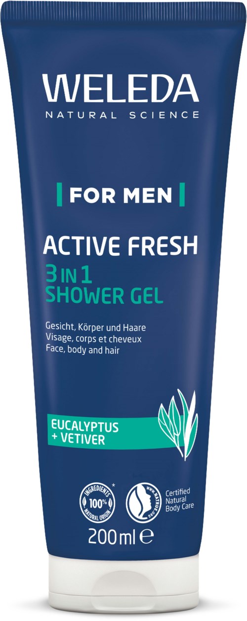 Eine blaue Tube Weleda Männer-Duschgel mit 'Active Fresh' Beschriftung, enthält Eukalyptus und Vetiver, 200 ml.