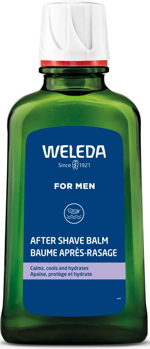 Eine grüne Flasche mit weißem Deckel, beschriftet 'Weleda After Shave Balm for Men,' zur Beruhigung der Haut nach der Rasur.