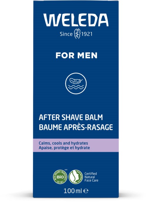Eine blaue Verpackung von Weleda Rasier Balm für Männer, mit Text und Symbolen, die beruhigende und feuchtigkeitsspendende Effekte befürworten.