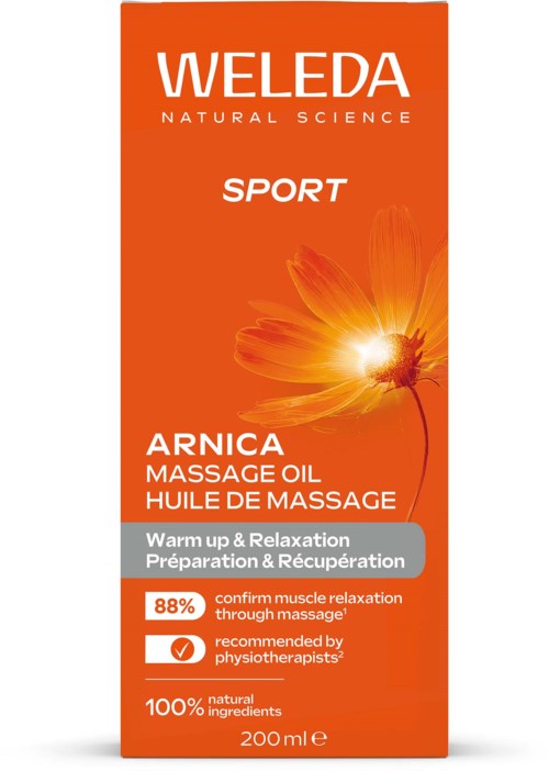 Weleda Arnica massageolj, förpackning med orange bakgrund och blomma, framhäver naturliga ingredienser och lindrar muskelspänningar.