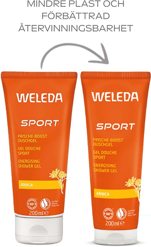 Zwei orange Tuben Weleda Sport Duschgel mit Labels und einem Hinweis auf Recycling und Umweltfreundlichkeit.