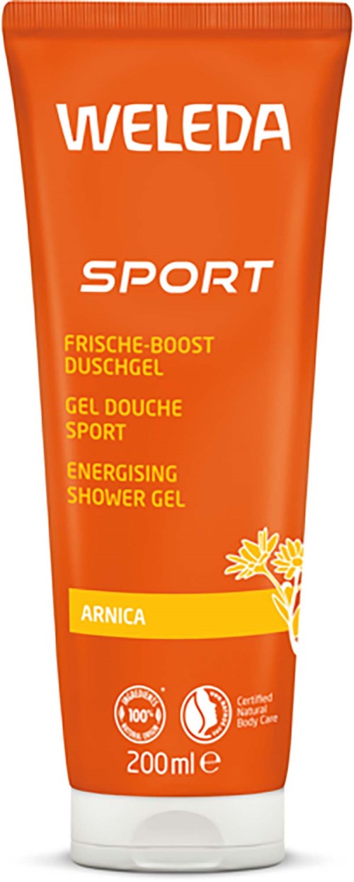 Eine leuchtend orangefarbene Tube mit Weleda Sport Duschgel mit Arnica, 200 ml, für anregende Dusche nach dem Sport.