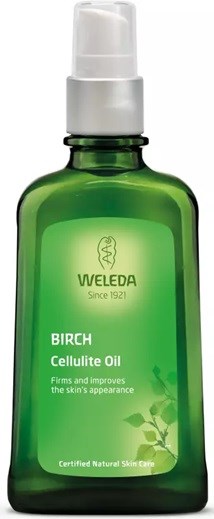 Grüne Flasche mit Weleda Birken Cellulite Oil, weißer Pumpkopf, für straffere Haut und verbessertes Aussehen.
