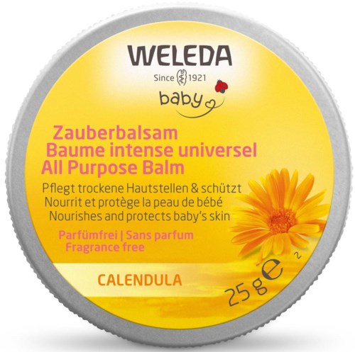 Hellgelber Metalldeckel für Weleda Babybalsam mit Blumenbild und Produktdetails in mehreren Sprachen.