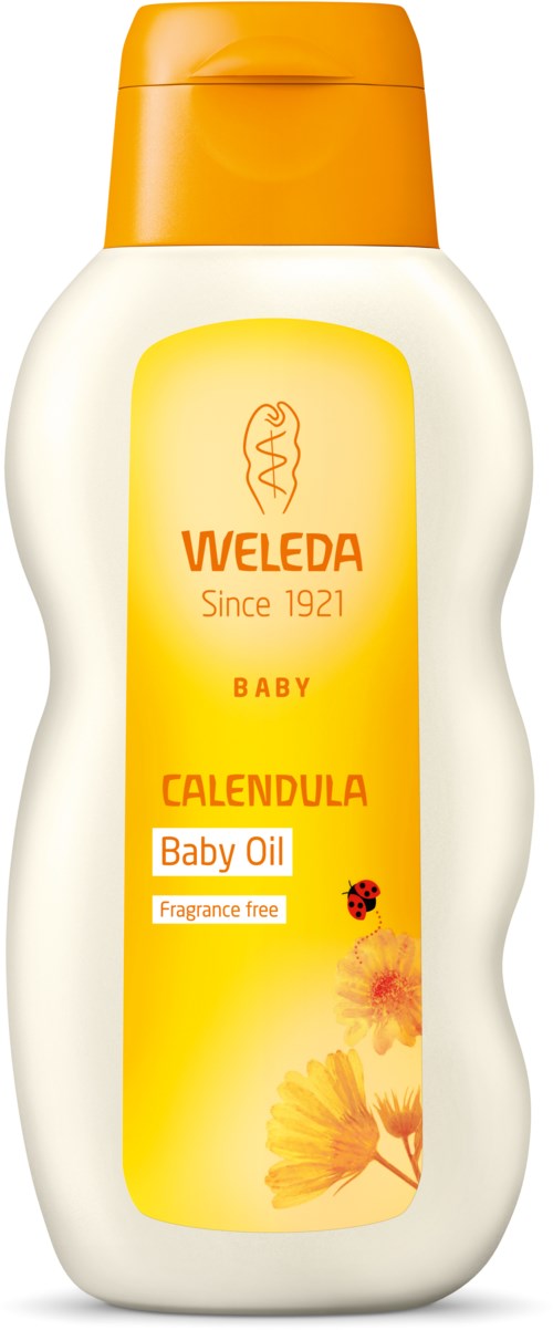 Eine Flasche Babyöl mit gelbem Deckel, orangefarbendem Etikett und Blumenillustration.