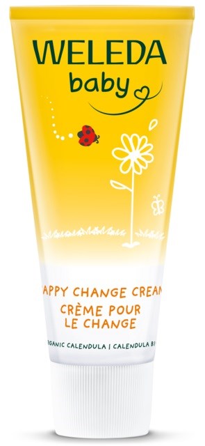 Yellow tube of Weleda Baby Happy Change Cream with a flower and ladybug on the front.
