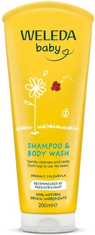 Gelber Weleda Baby Shampoo und Body Wash mit Blumen, Marienkäfer und Schmetterling auf der Vorderseite.