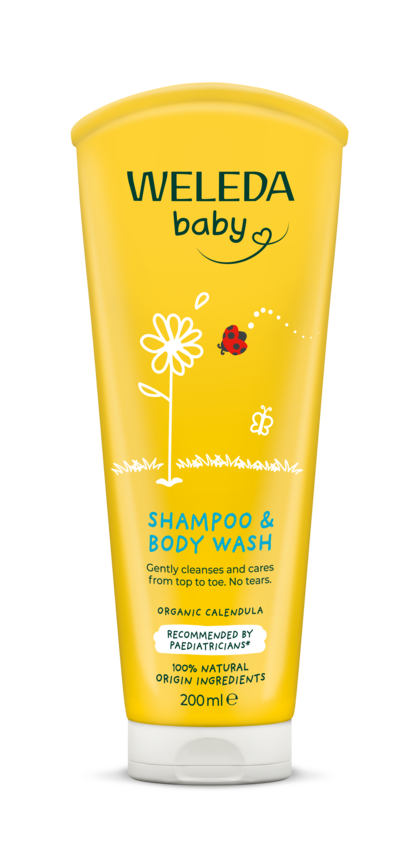 Gelber Behälter mit Weleda Baby Shampoo und -Bodywash, blumen- und Marienkäferdesign, sanft und natürlich.