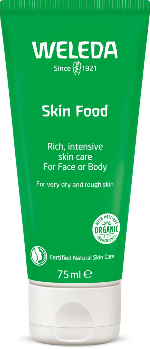 Zielony tubka Weleda Skin Food z informacjami o produkcie i certyfikatem organicznym.