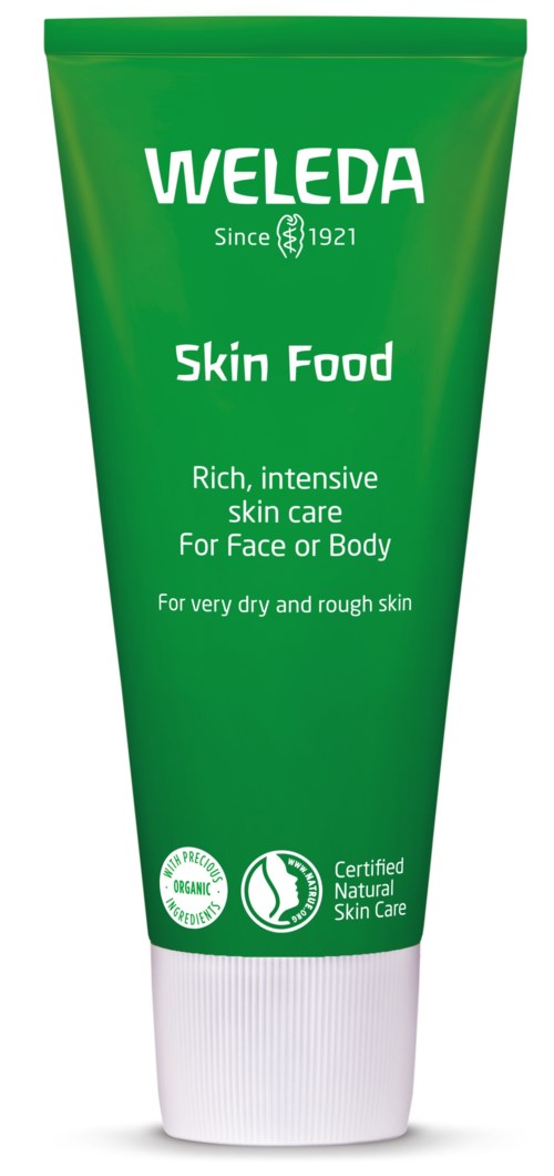 Zielona tubka kremu pielęgnacyjnego, oznaczona 'Weleda Skin Food', dla bardzo suchej i szorstkiej skóry.