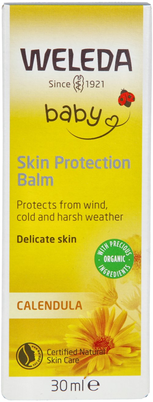 Gelbes Verpackung für Weleda Baby Hautschutzbalsam, enthält Calendula, mit Blume und grünem Bio-Logo.