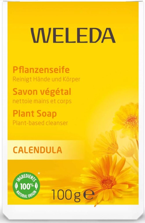 Gelbe Verpackung für Pflanzen Seife mit Blumen und grüner Etikette, mehrsprachig und 100g.