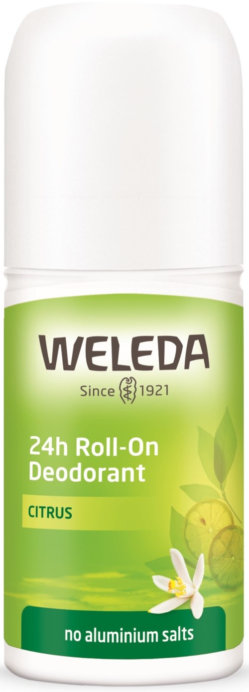 Ein weißer Roll-On-Deodorant mit grüner Etikette, Zitronenduft, 24-Stunden Schutz, kein Aluminium, kleines Blumensymbol.