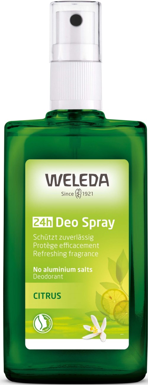 A green spray bottle of Weleda citrus deodorant, label shows '24h Deo Spray' with lemon and flower images.