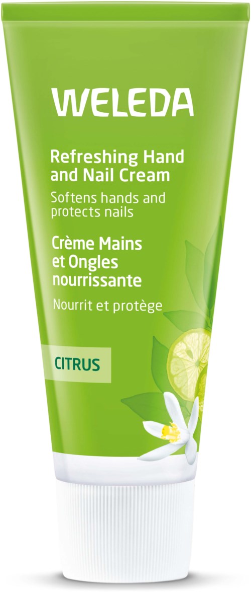 Grüne Tube von Weleda Hand- und Nagelcreme mit Zitrusduft, mit Zitronenscheibe und weißen Blumen auf dem Etikett.