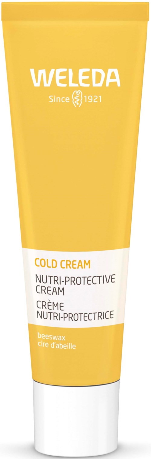 Gelbe Tube von Weleda mit Aufschrift Cold Cream, NUTRI-PROTECTIVE, mit weißem und orangem Text.