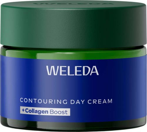 Ein Glas Weleda Contouring Tagescreme mit Kollagen-Boost in einem grünen und blauen Behälter.