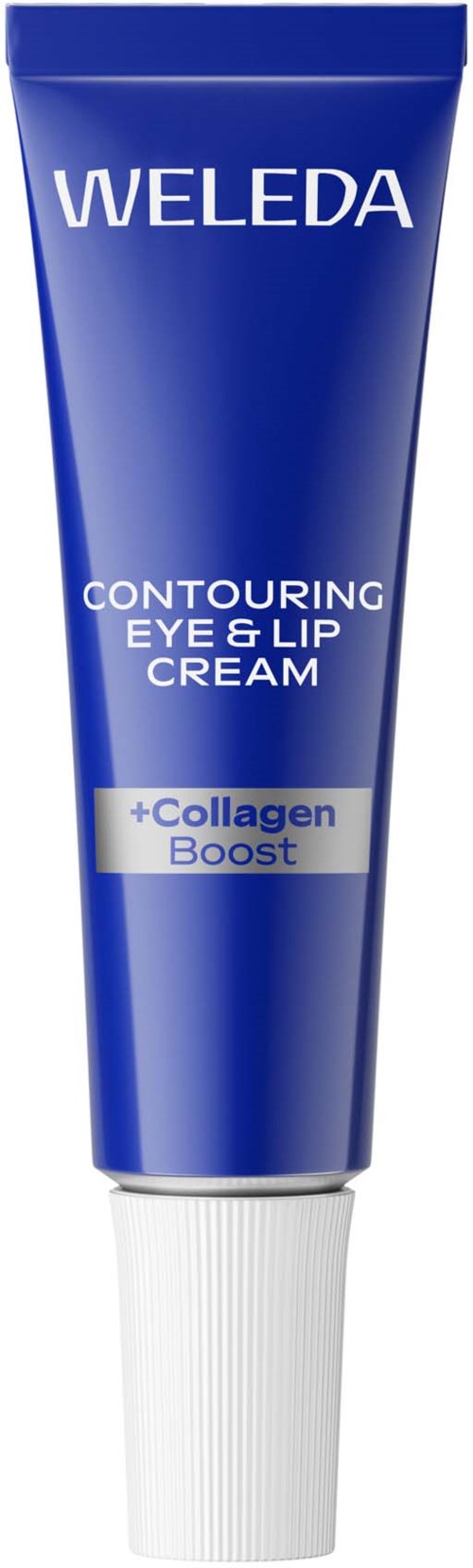 Eine blaue Tube mit Weleda Augen- und Lippencreme mit Kollagenbooster.