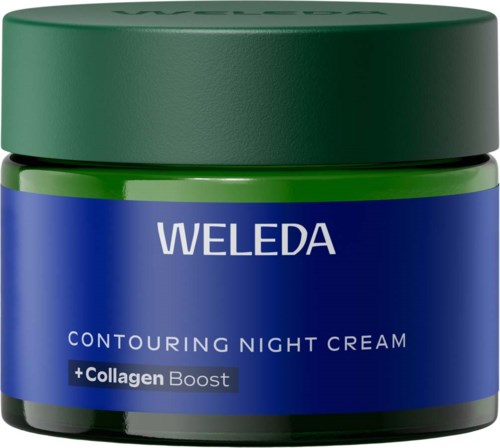 Ein Glas Weleda Nachcreme mit Kollagen-Boost, grüner Deckel, blauer Etikett.