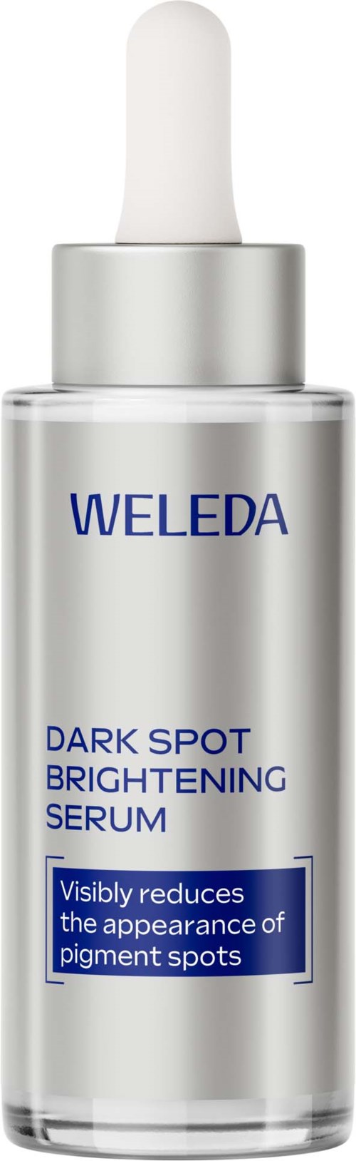 Eine klare Flasche mit weißem Tropfaufsatz, gekennzeichnet Weleda Dark Spot Brightening Serum, verspricht die Reduzierung von Pigmentflecken.