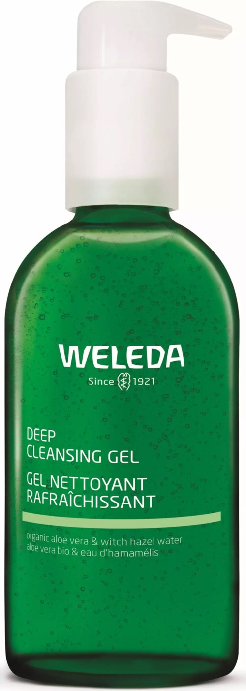 Grüne Flasche mit Weleda Reinigungsgel, mit Pump, enthält Aloe Vera und Hamameliswasser.